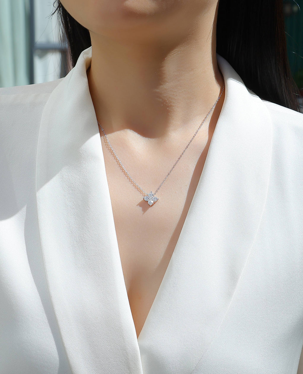 Trèfle à Quatre Feuilles Chanceux Collier Pendentif Bijoux Moissanite en Argent S925 Plaqué Platine